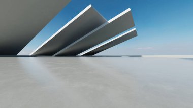 3D soyut modern beton mimari boş beton zemin, minimal dış görünüş, araba sunumu arka planı