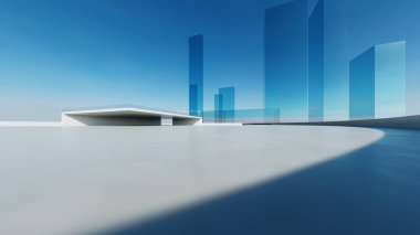 Soyut fütüristik cam mimarisinin boş beton zeminli 3D görüntüsü