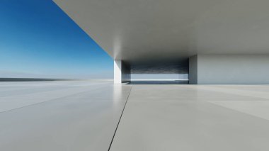 3D soyut modern beton mimari boş beton zemin, minimal dış görünüş, araba sunumu arka planı