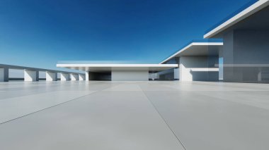 3D soyut modern beton mimari boş beton zemin, minimal dış görünüş, araba sunumu arka planı