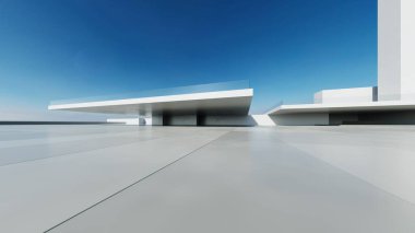 3D soyut modern beton mimari boş beton zemin, minimal dış görünüş, araba sunumu arka planı