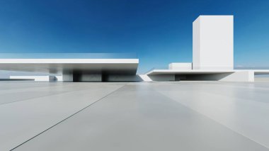3D soyut modern beton mimari boş beton zemin, minimal dış görünüş, araba sunumu arka planı