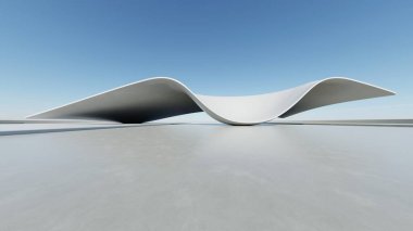 Boş beton zemin, minimal dış görünüş, araba sunumu arka planı ile soyut modern mimarinin 3D görüntüsü