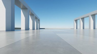 Boş beton zemin, minimal dış görünüş, araba sunumu arka planı ile soyut modern mimarinin 3D görüntüsü