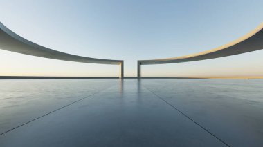 Boş beton zemin, minimal dış görünüş, araba sunumu arka planı ile soyut modern mimarinin 3D görüntüsü