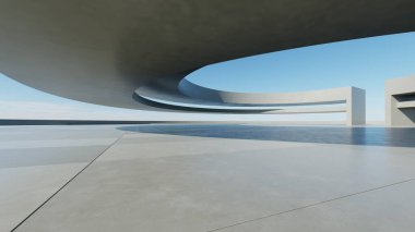 Boş beton zemin, minimal dış görünüş, araba sunumu arka planı ile soyut modern mimarinin 3D görüntüsü