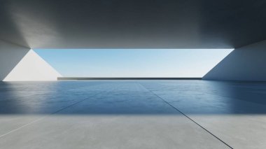 Boş beton zemin, minimal dış görünüş, araba sunumu arka planı ile soyut modern mimarinin 3D görüntüsü