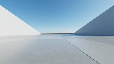 Boş beton zemin, minimal dış görünüş, araba sunumu arka planı ile soyut modern mimarinin 3D görüntüsü