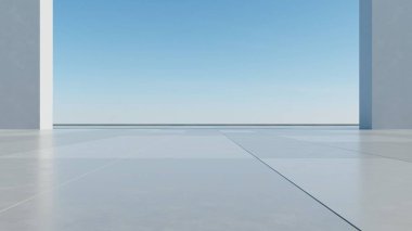 Boş beton zemin, minimal dış görünüş, araba sunumu arka planı ile soyut modern mimarinin 3D görüntüsü