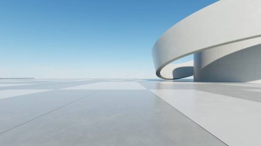 Boş beton zemin, minimal dış görünüş, araba sunumu arka planı ile soyut modern mimarinin 3D görüntüsü