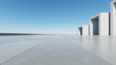 Boş beton zemin, minimal dış görünüş, araba sunumu arka planı ile soyut modern mimarinin 3D görüntüsü