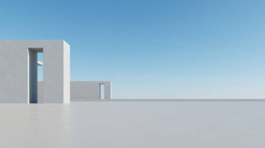 Boş beton zemin, minimal dış görünüş, araba sunumu arka planı ile soyut modern mimarinin 3D görüntüsü