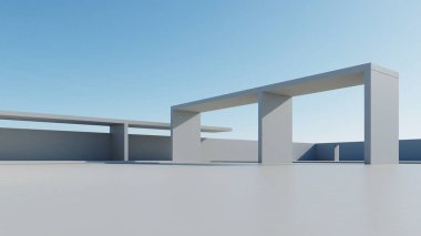 Boş beton zemin, minimal dış görünüş, araba sunumu arka planı ile soyut modern mimarinin 3D görüntüsü