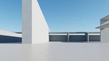Boş beton zemin, minimal dış görünüş, araba sunumu arka planı ile soyut modern mimarinin 3D görüntüsü