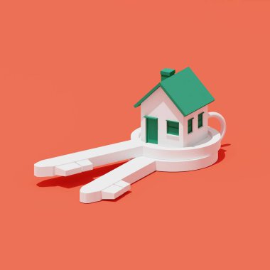 Kırmızı arka planda, emlak kavramında izole edilmiş, anahtar üzerindeki en küçük evin 3D canlandırması