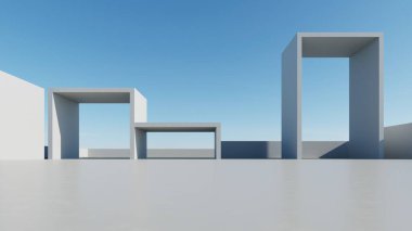 Boş beton zemin, minimal dış görünüş, araba sunumu arka planı ile soyut modern mimarinin 3D görüntüsü