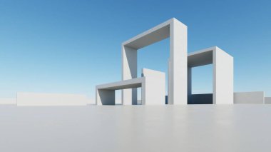 Boş beton zemin, minimal dış görünüş, araba sunumu arka planı ile soyut modern mimarinin 3D görüntüsü