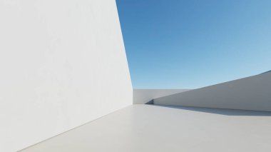 Boş beton zemin, minimal dış görünüş, araba sunumu arka planı ile soyut modern mimarinin 3D görüntüsü