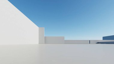 Boş beton zemin, minimal dış görünüş, araba sunumu arka planı ile soyut modern mimarinin 3D görüntüsü