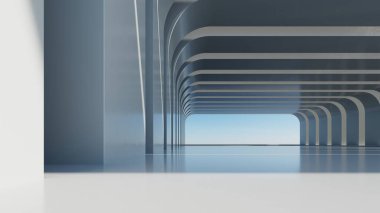 Boş beton zemin, minimal dış görünüş, araba sunumu arka planı ile soyut modern mimarinin 3D görüntüsü