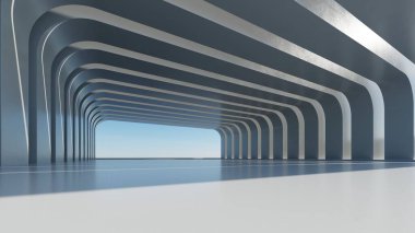 Boş beton zemin, minimal dış görünüş, araba sunumu arka planı ile soyut modern mimarinin 3D görüntüsü