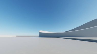 Boş beton zemin, minimal dış görünüş, araba sunumu arka planı ile soyut modern mimarinin 3D görüntüsü