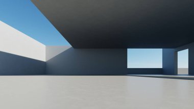 Boş beton zemin, minimal dış görünüş, araba sunumu arka planı ile soyut modern mimarinin 3D görüntüsü