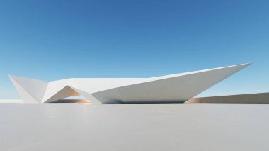 Boş beton zemin, minimal dış görünüş, araba sunumu arka planı ile soyut modern mimarinin 3D görüntüsü
