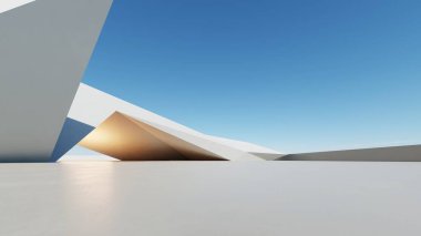 Boş beton zemin, minimal dış görünüş, araba sunumu arka planı ile soyut modern mimarinin 3D görüntüsü
