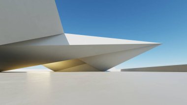 Boş beton zemin, minimal dış görünüş, araba sunumu arka planı ile soyut modern mimarinin 3D görüntüsü