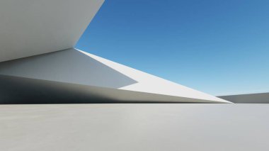 Boş beton zemin, minimal dış görünüş, araba sunumu arka planı ile soyut modern mimarinin 3D görüntüsü