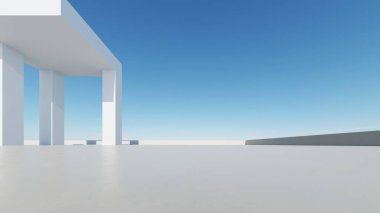 Boş beton zemin, minimal dış görünüş, araba sunumu arka planı ile soyut modern mimarinin 3D görüntüsü