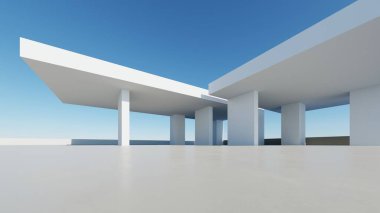 Boş beton zemin, minimal dış görünüş, araba sunumu arka planı ile soyut modern mimarinin 3D görüntüsü