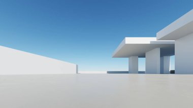 Boş beton zemin, minimal dış görünüş, araba sunumu arka planı ile soyut modern mimarinin 3D görüntüsü