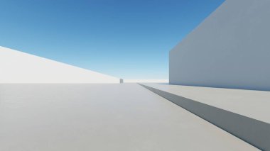 Boş beton zemin, minimal dış görünüş, araba sunumu arka planı ile soyut modern mimarinin 3D görüntüsü