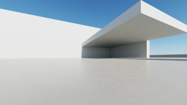 Boş beton zemin, minimal dış görünüş, araba sunumu arka planı ile soyut modern mimarinin 3D görüntüsü