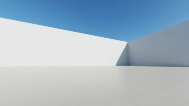 Boş beton zemin, minimal dış görünüş, araba sunumu arka planı ile soyut modern mimarinin 3D görüntüsü