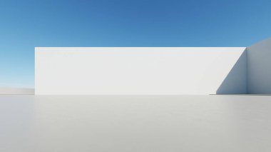 Boş beton zemin, minimal dış görünüş, araba sunumu arka planı ile soyut modern mimarinin 3D görüntüsü