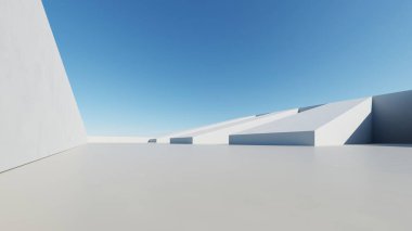 Boş beton zemin, minimal dış görünüş, araba sunumu arka planı ile soyut modern mimarinin 3D görüntüsü