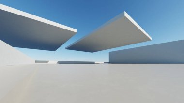 Boş beton zemin, minimal dış görünüş, araba sunumu arka planı ile soyut modern mimarinin 3D görüntüsü