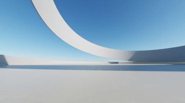 Boş beton zemin, minimal dış görünüş, araba sunumu arka planı ile soyut modern mimarinin 3D görüntüsü