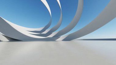 Boş beton zemin, minimal dış görünüş, araba sunumu arka planı ile soyut modern mimarinin 3D görüntüsü