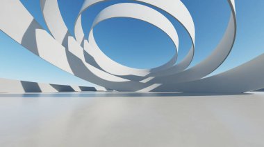 Boş beton zemin, minimal dış görünüş, araba sunumu arka planı ile soyut modern mimarinin 3D görüntüsü