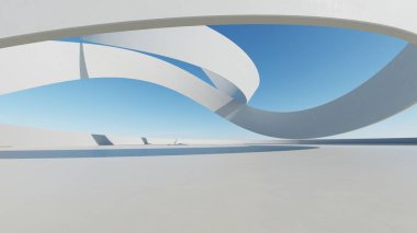 Boş beton zemin, minimal dış görünüş, araba sunumu arka planı ile soyut modern mimarinin 3D görüntüsü