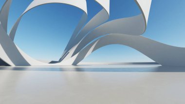 Boş beton zemin, minimal dış görünüş, araba sunumu arka planı ile soyut modern mimarinin 3D görüntüsü