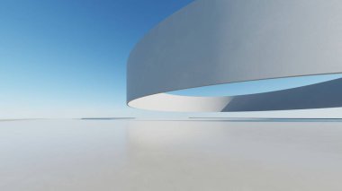 Boş beton zemin, minimal dış görünüş, araba sunumu arka planı ile soyut modern mimarinin 3D görüntüsü