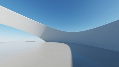 Boş beton zemin, minimal dış görünüş, araba sunumu arka planı ile soyut modern mimarinin 3D görüntüsü