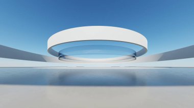 Boş beton zemin, minimal dış görünüş, araba sunumu arka planı ile soyut modern mimarinin 3D görüntüsü