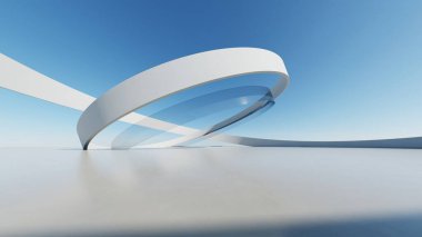 Boş beton zemin, minimal dış görünüş, araba sunumu arka planı ile soyut modern mimarinin 3D görüntüsü