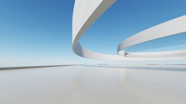 Boş beton zemin, minimal dış görünüş, araba sunumu arka planı ile soyut modern mimarinin 3D görüntüsü